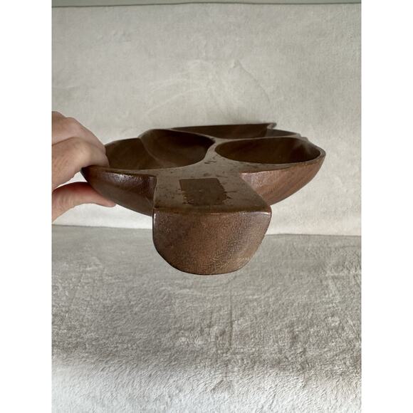 Genuine Monkey Pod Wood Bowl Leaf Shaped Divided Hand Crafted Philippines Boho - Picture 4 of 10